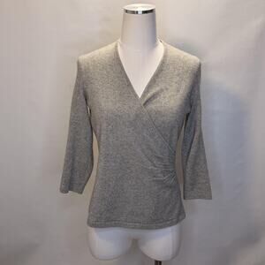 Ann Taylor Sweater Womens MP Gray Cashmere Wrap V Neck 3/4 Sleeve Knit Top